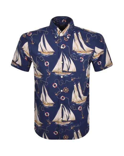Ralph Lauren Blue Short Sleeved Patterned Shirt for men