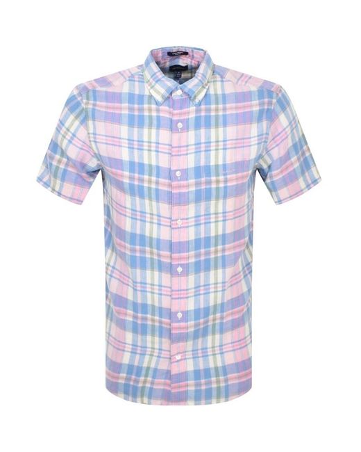 Gant Blue Linen Madras Short Sleeve Shirt for men