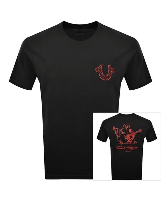 True Religion Black Filled Script Buddha T Shirt for men