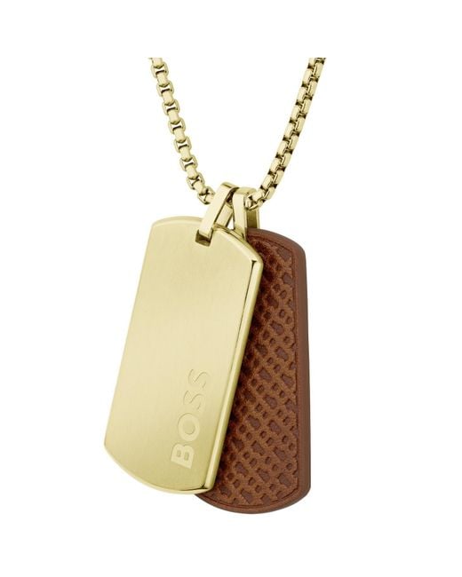 BOSS BUSINESS Metallic Boss Leather Dog Tag Necklace for men