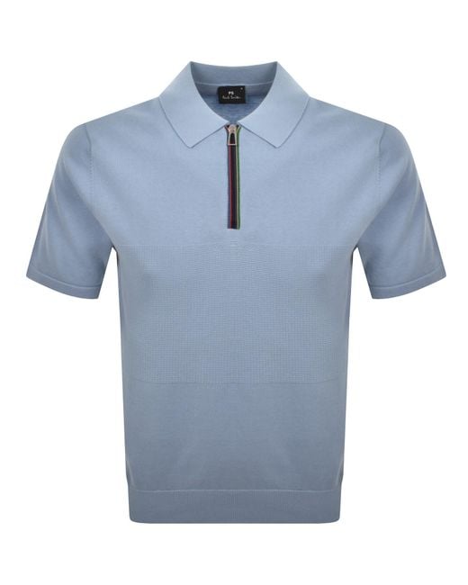 Paul Smith Blue Knit Short Sleeve Zip Polo T Shirt for men