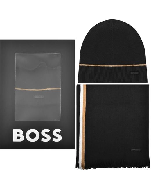 BOSS BUSINESS Black Boss Henzo Beanie And Scarf Gift Set for men