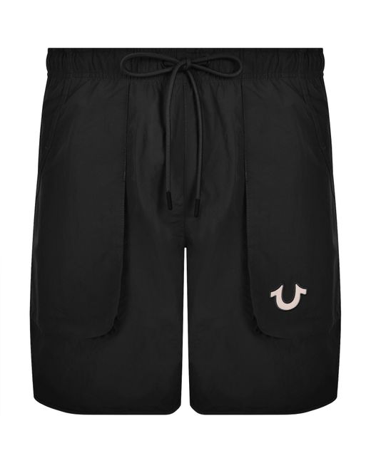 True Religion Black Curved Nylon Swim Shorts for men