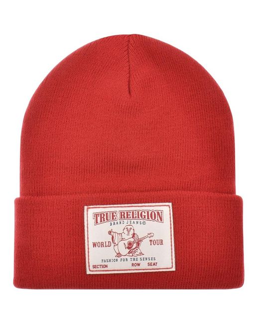 True Religion Red Concert Patch Beanie Hat for men