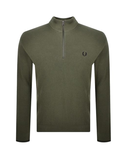 Fred Perry Green Half Zip Waffle Knit Jumper for men