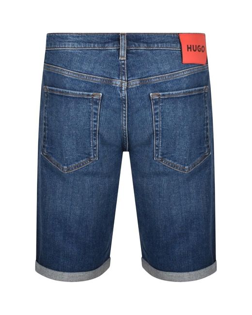 HUGO Blue 634 Denim Logo Mid Wash Shorts for men