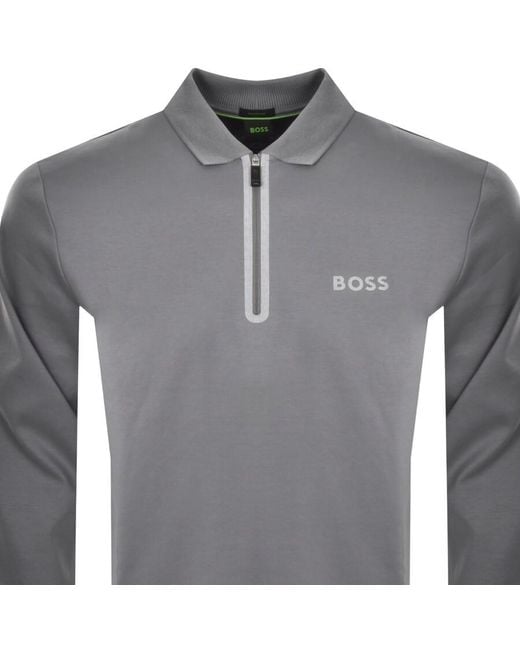 Boss Gray Boss Plisy Mirror Long Sleeve Polo T Shirt for men