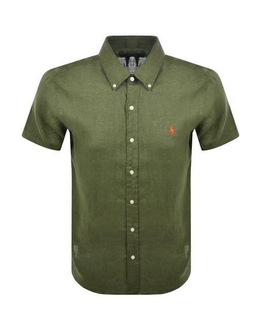Ralph Lauren Green Linen Short Sleeve Shirt for men