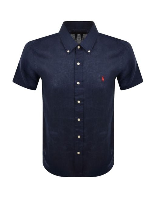 Ralph Lauren Blue Linen Short Sleeve Shirt for men
