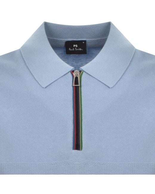 Paul Smith Blue Knit Short Sleeve Zip Polo T Shirt for men