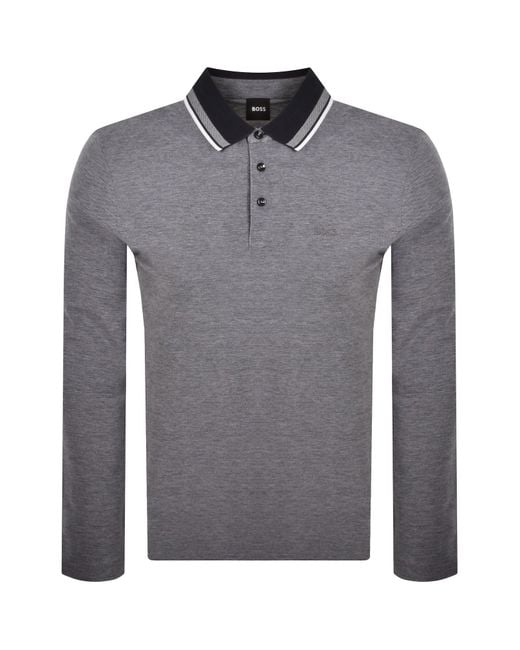 BOSS BUSINESS Gray Boss Pittman Long Sleeved Polo T Shirt for men