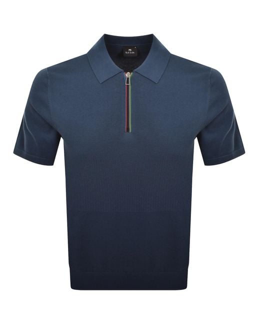 Paul Smith Blue Knit Short Sleeve Zip Polo T Shirt for men