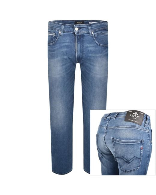 Replay Blue Grover Straight Fit Mid Wash Jeans for men