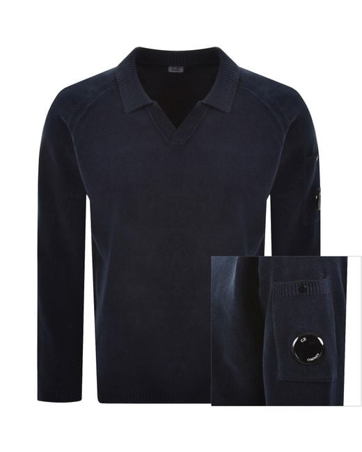C P Company Blue Cp Company Chenille Lens Polo Jumper for men
