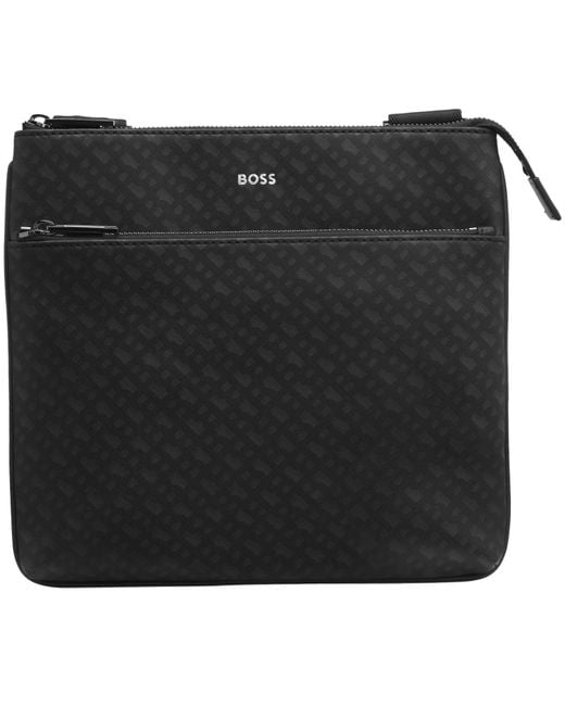 BOSS BUSINESS Black Boss Leather Monogram Envelope Bag for men
