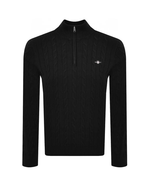 Gant Black Cotton Cable Knit Half Zip Jumper for men
