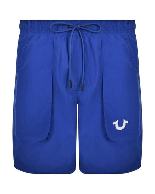 True Religion Blue Curved Nylon Swim Shorts for men