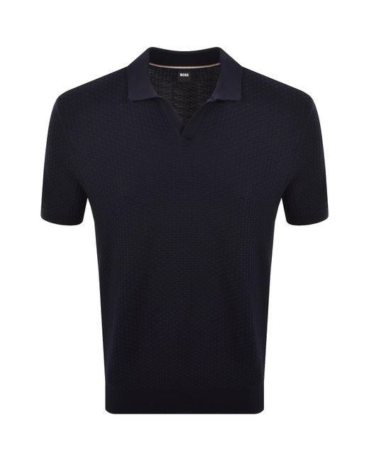 BOSS BUSINESS Blue Boss Knit Polo Jumper Dark for men