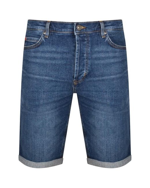HUGO Blue 634 Denim Logo Mid Wash Shorts for men