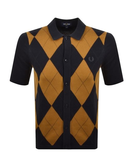 Fred Perry Blue Argyle Knit Button Through Polo for men