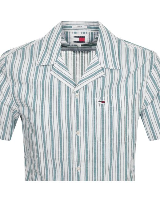 Tommy Hilfiger Blue Stripe Linen Short Sleeve Shirt for men