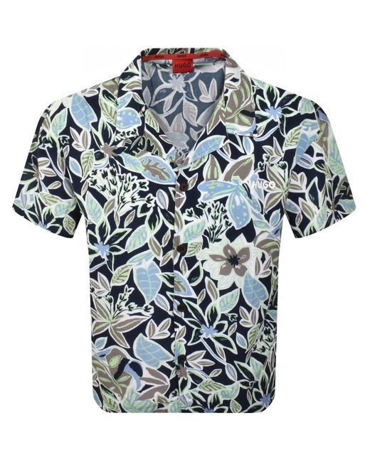HUGO Blue Relaxed Short Sleeve Beach Shirt for men