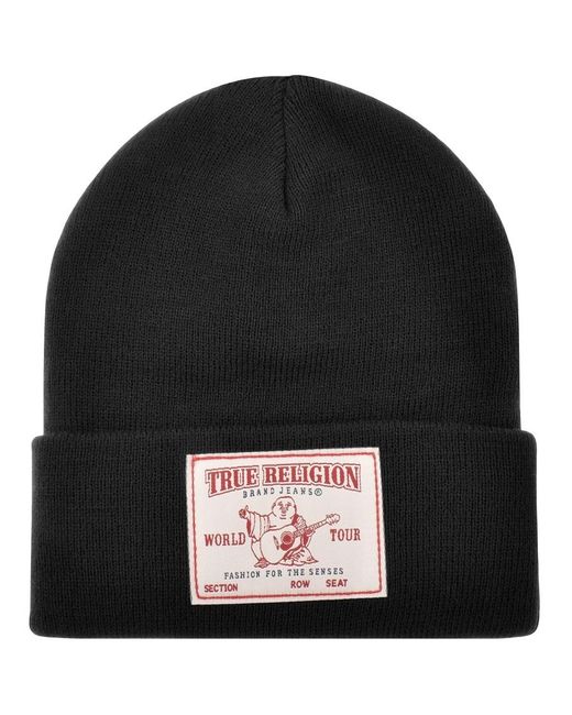 True Religion Black Concert Patch Beanie Hat for men