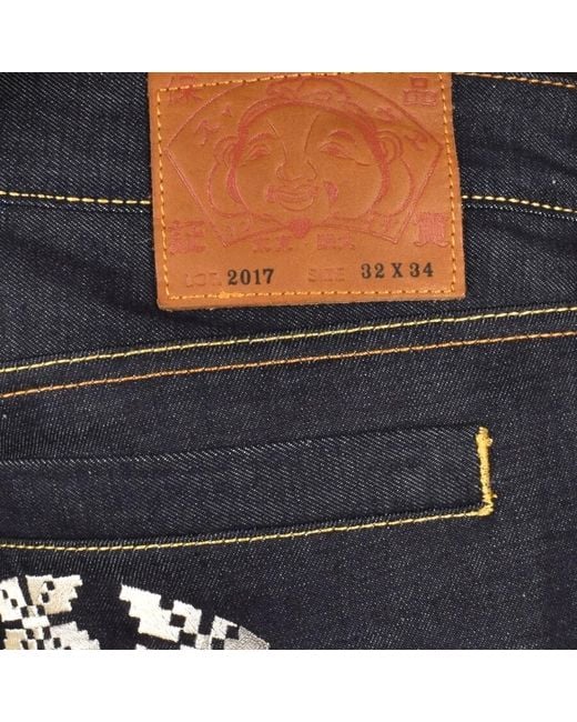 Evisu Blue Embroidered Dark Wash Jeans for men