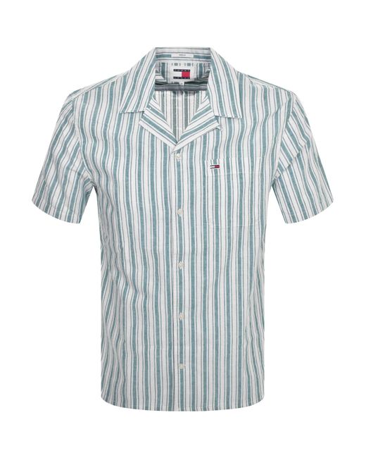 Tommy Hilfiger Blue Stripe Linen Short Sleeve Shirt for men