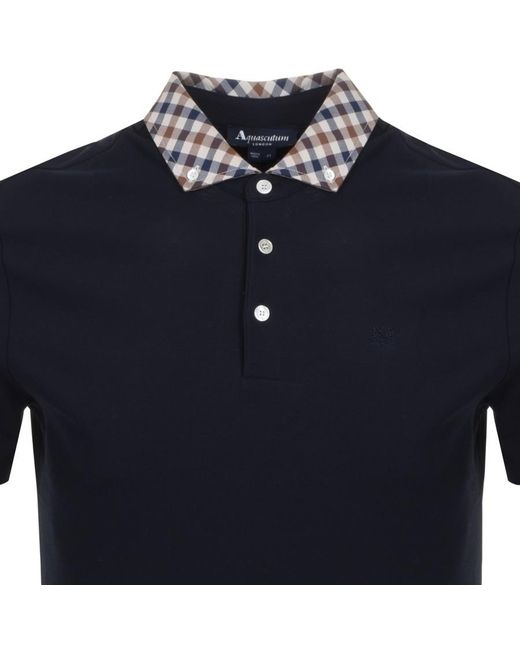 Aquascutum Club Check Collar Short Sleeve Polo Shirt Navy Blue for men