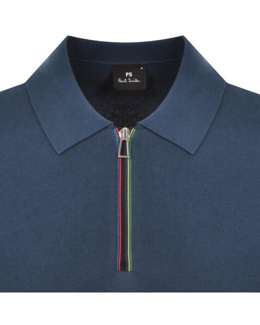 Paul Smith Blue Knit Short Sleeve Zip Polo T Shirt for men