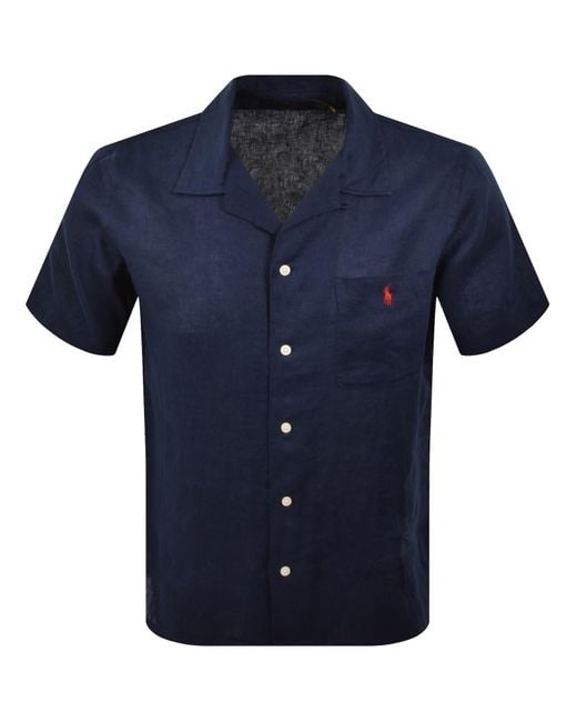 Ralph Lauren Blue Linen Short Sleeve Shirt for men