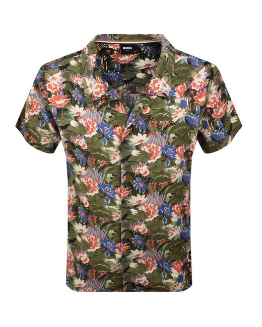 BOSS BUSINESS Green Boss Short Sleeve Beach Shirt for men