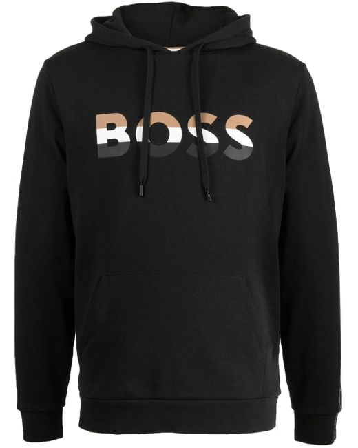 BOSS by HUGO BOSS Pullover Stripe Logo Hooded Sweat Top in Black for Men |  Lyst