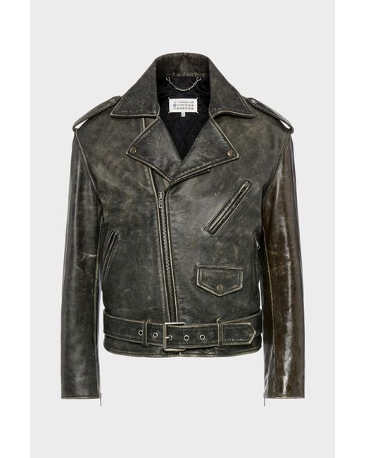 Maison Margiela Black Distressed Leather Biker Jacket for men