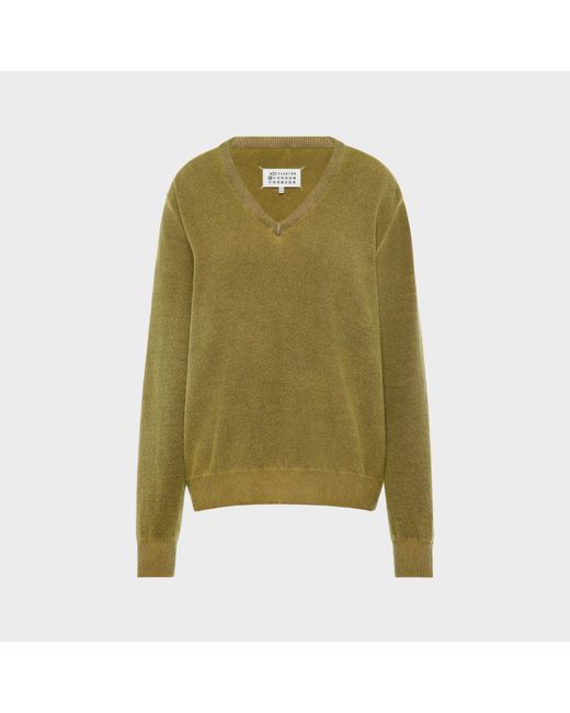 Maison Margiela Green Virgin Wool V-Neck Sweater
