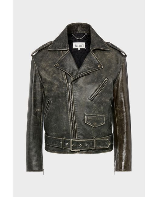 Maison Margiela Black Distressed Leather Biker Jacket for men