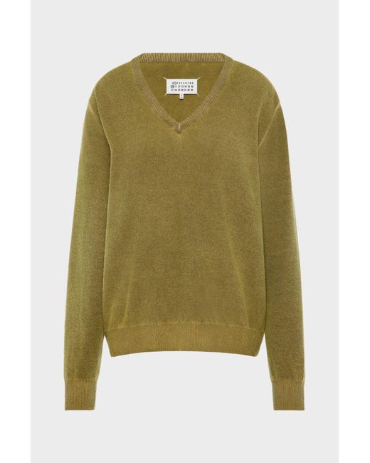 Maison Margiela Green Virgin Wool V-Neck Sweater