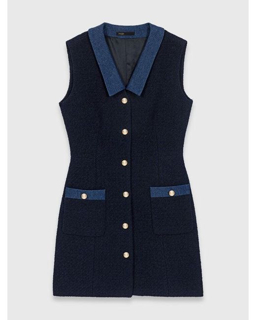 Maje Blue Tweed Dress With Denim Details
