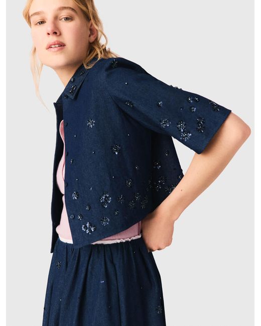 Maje Blue Embroidered Cropped Denim Shirt