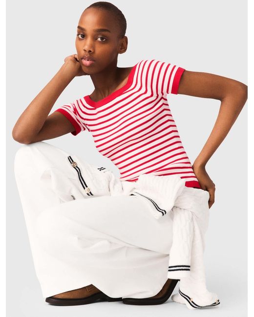 Maje White Striped Knit Top With Boat Neck