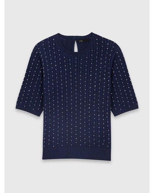Maje Blue Round-Neck Rhinestone Jumper