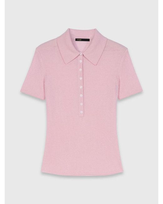 Maje Pink Polo Collar Ribbed Sweater