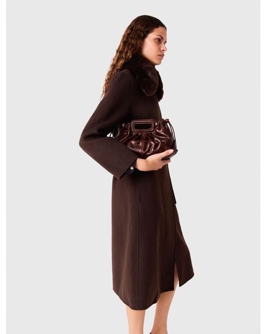 Maje Red Long Coat With Faux Fur Collar