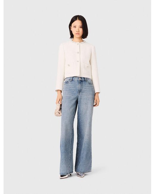 Maje Blue Pearl-Trimmed Tweed Jacket