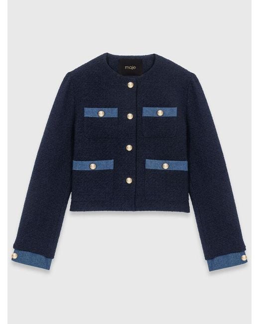 Maje Blue Tweed Jacket With Denim Trim