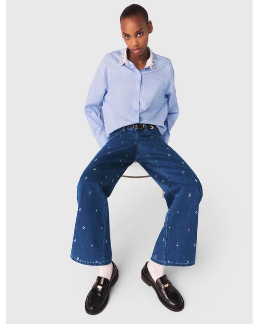 Maje Blue Wide Jeans With Rhinestones