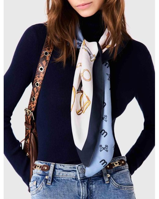 Maje Blue Equestrian Motif Silk Scarf