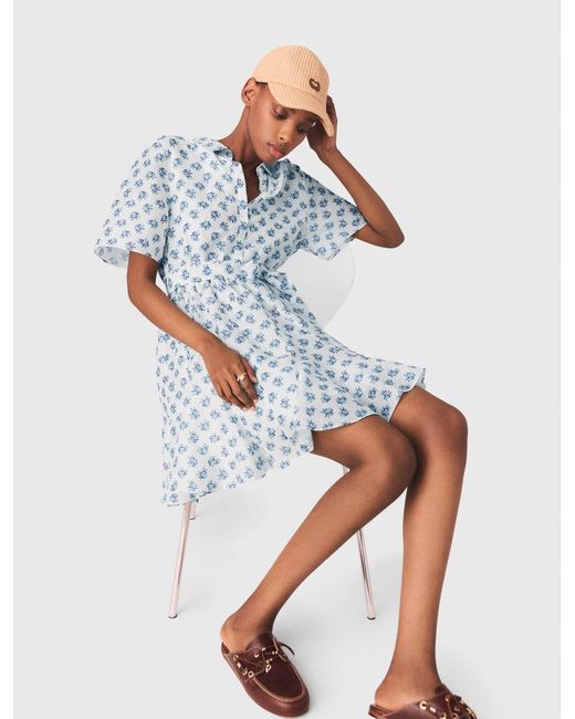 Maje White Short Patterned Linen-Blend Dress