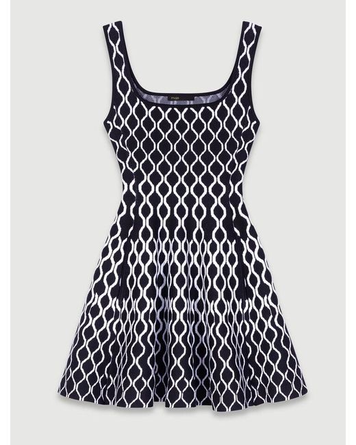 Maje Blue Woman's Polyester, Short Patterned Knit Dress For Spring/summer, Size Extra Small, In Color Black / White / Black